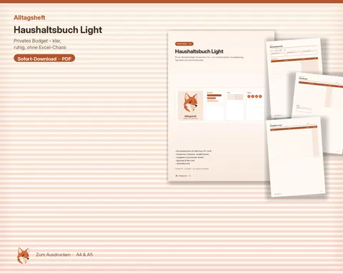 Haushaltsbuch Light von Alltagsheft: Titelseite und Seiten für Monatsbudget und Ausgaben